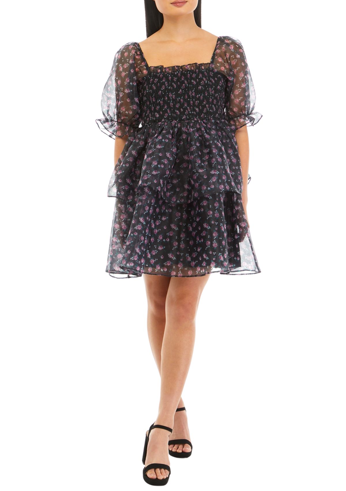 Womens Floral Organza Double Ruffle Babydoll Dress