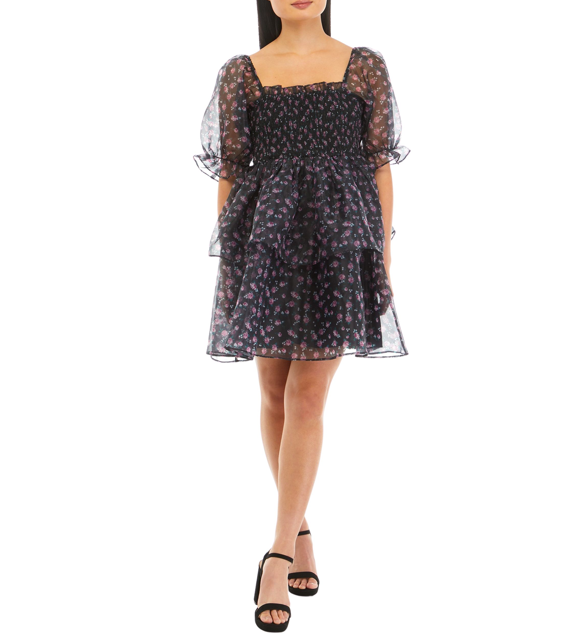 Womens Floral Organza Double Ruffle Babydoll Dress