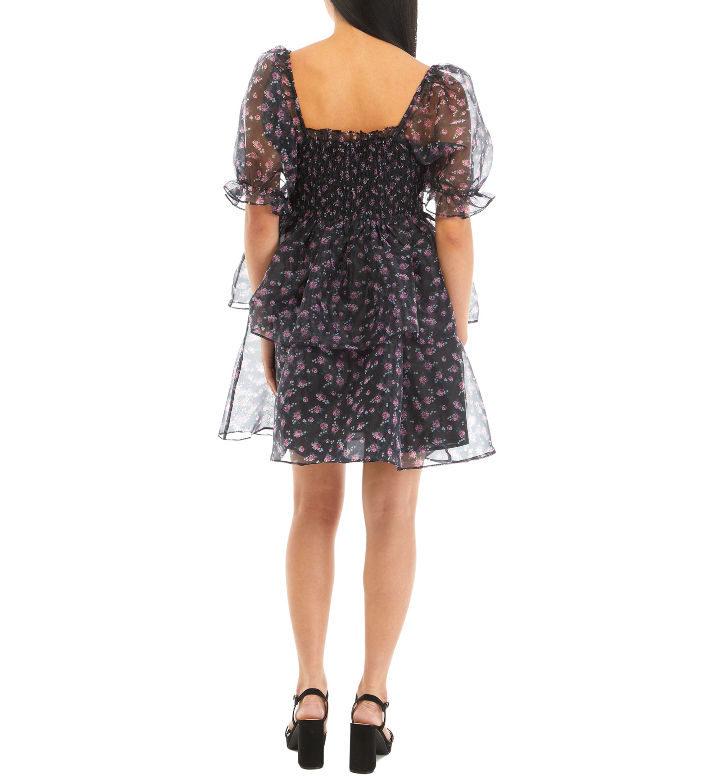 Womens Floral Organza Double Ruffle Babydoll Dress