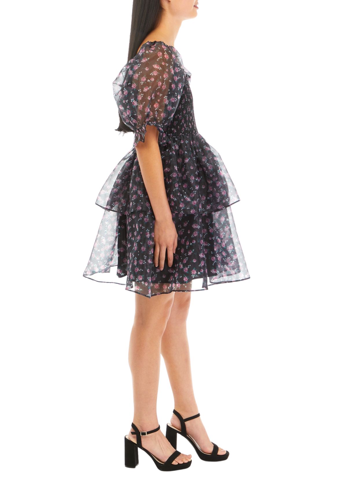Womens Floral Organza Double Ruffle Babydoll Dress
