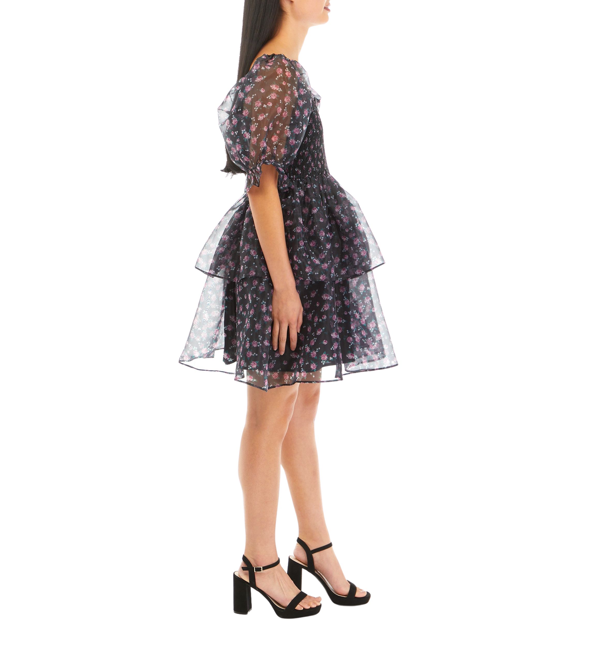 Womens Floral Organza Double Ruffle Babydoll Dress