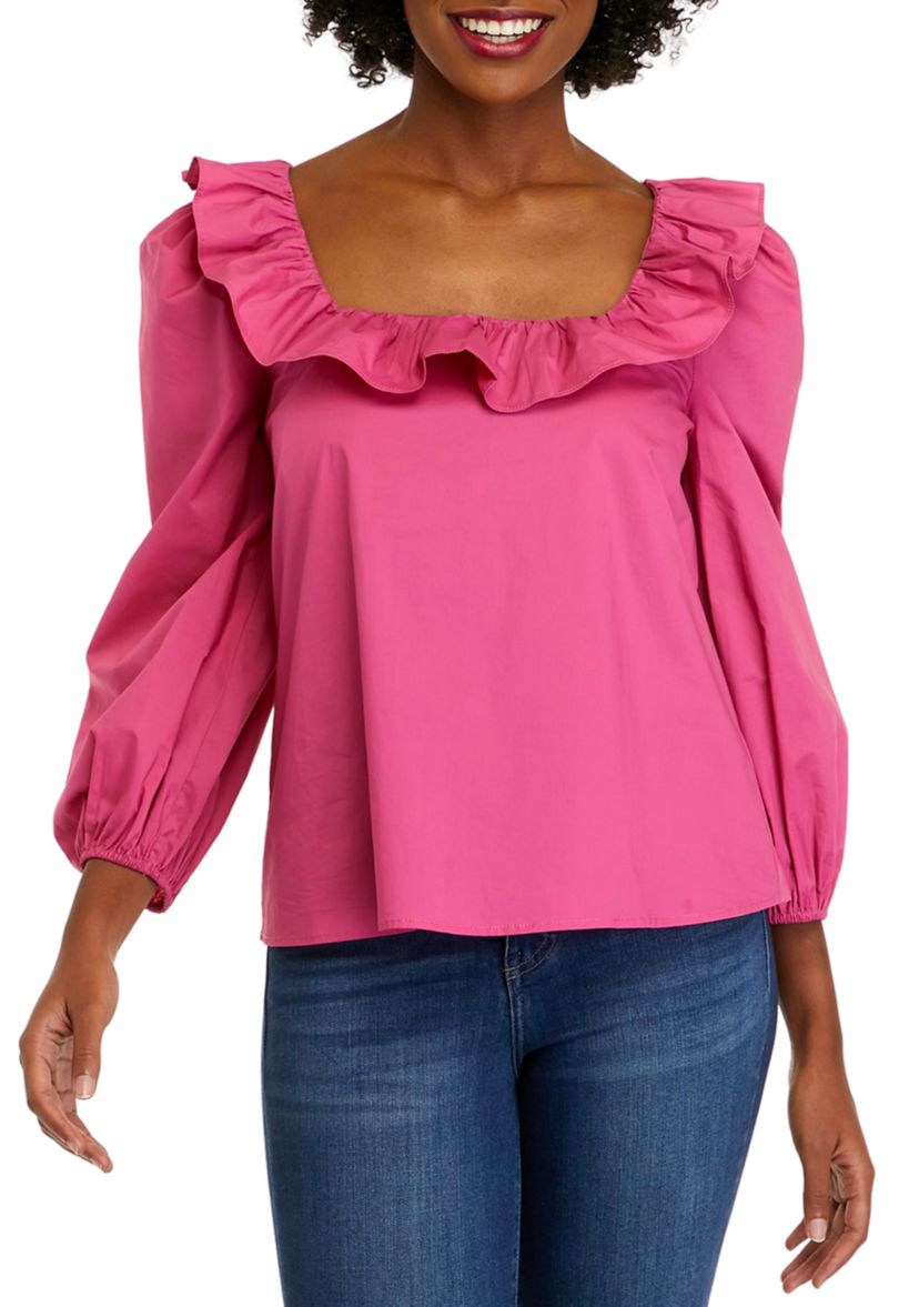 Womens Long Sleeve Ruffle Square Neck Blouse
