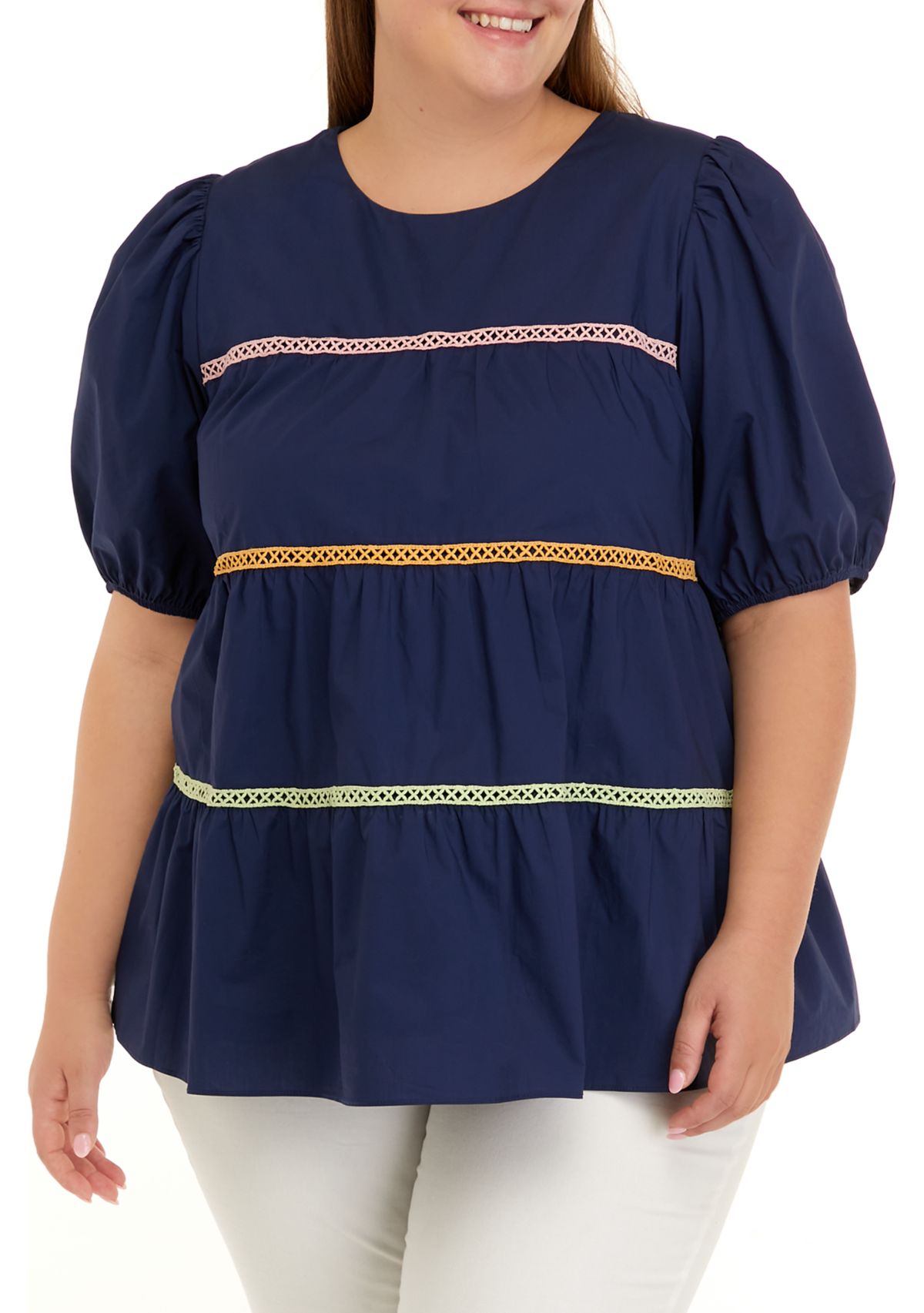 Plus Size Puff Sleeve Embroidered Stripe Dress