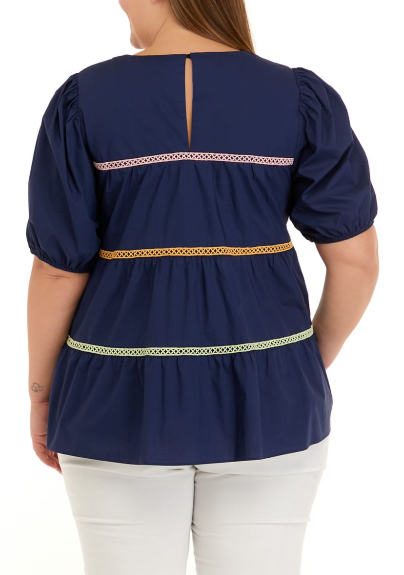 Plus Size Puff Sleeve Embroidered Stripe Dress