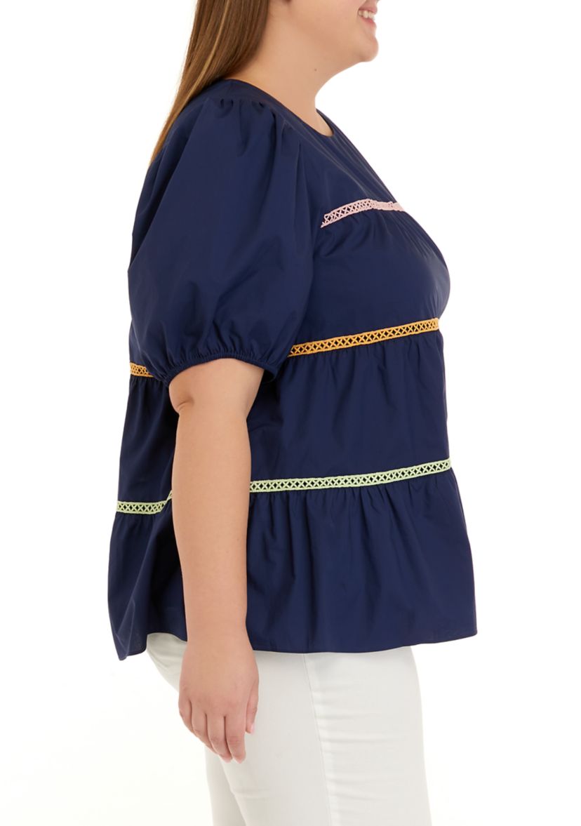 Plus Size Puff Sleeve Embroidered Stripe Dress