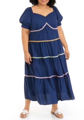 English Factory Women's Plus Size Multi Color Trim Midi Dress, Navy Blue -  0192934481076