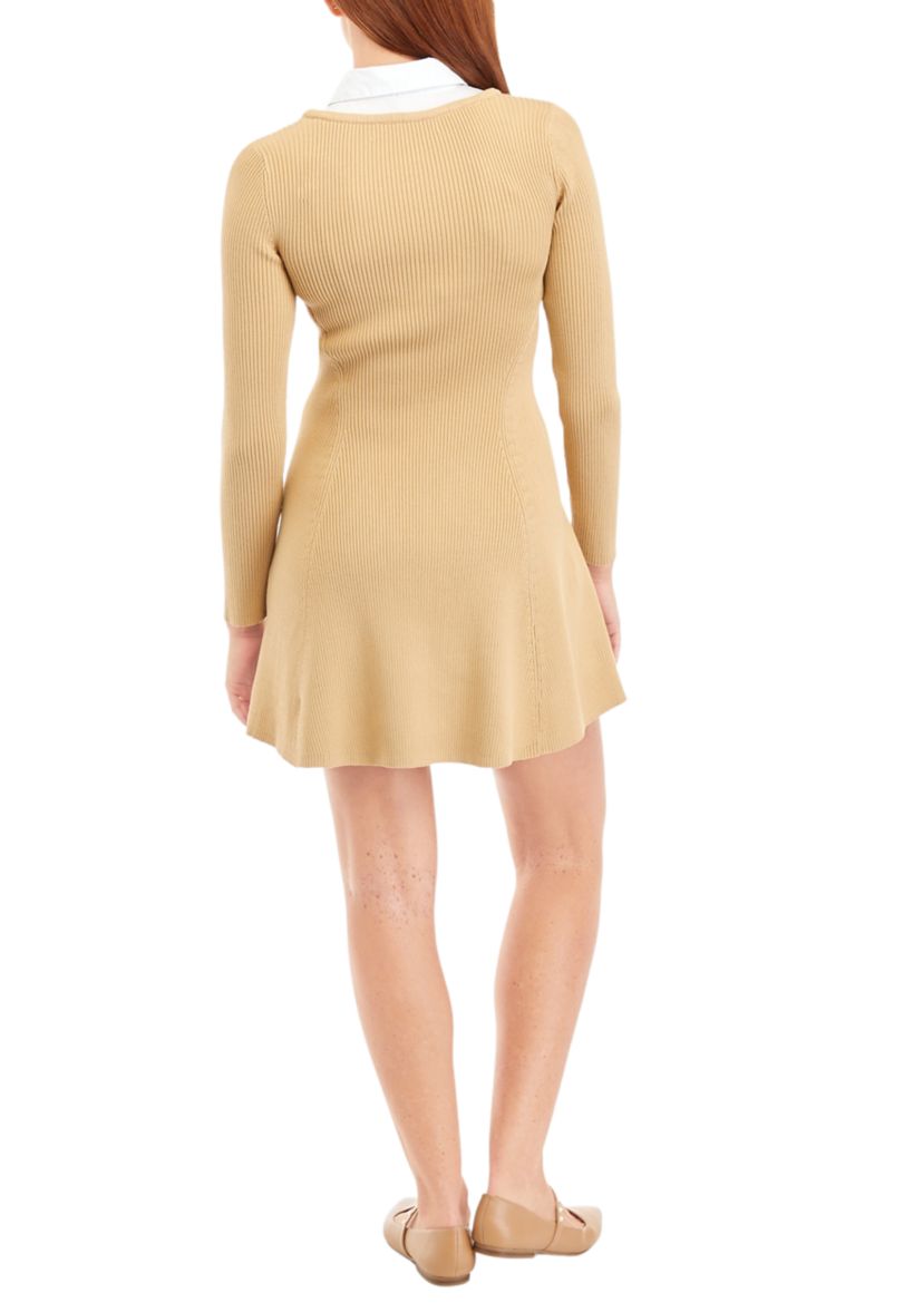 Womens Mixed Media Fit and Flare Sweater Dress