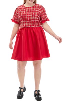ENGLISH FACTORY Women's Plus Size Short Sleeve Mixed Media Tweed Poplin Mini Dress
