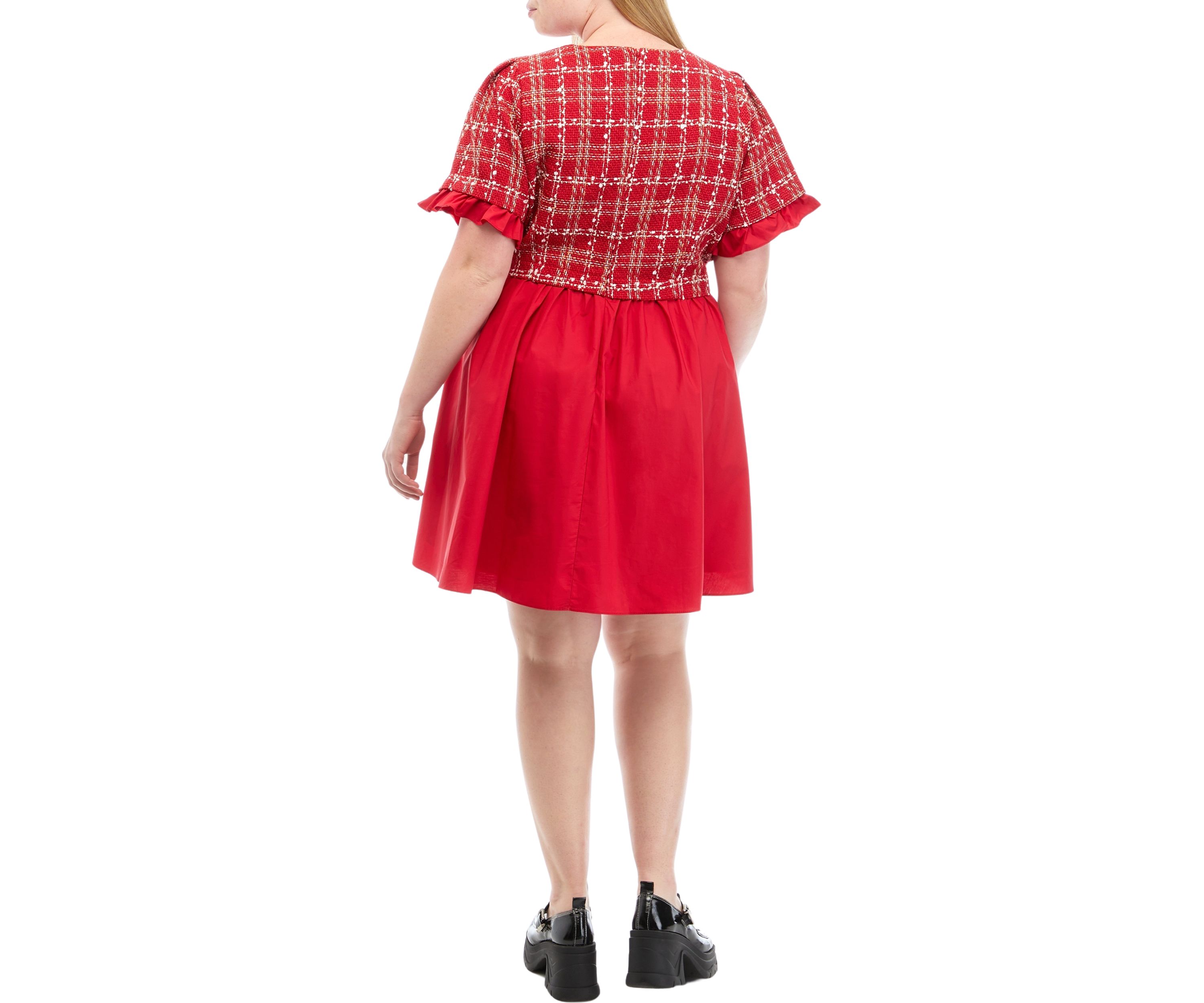 Plus Size Short Sleeve Mixed Media Tweed Poplin Mini Dress