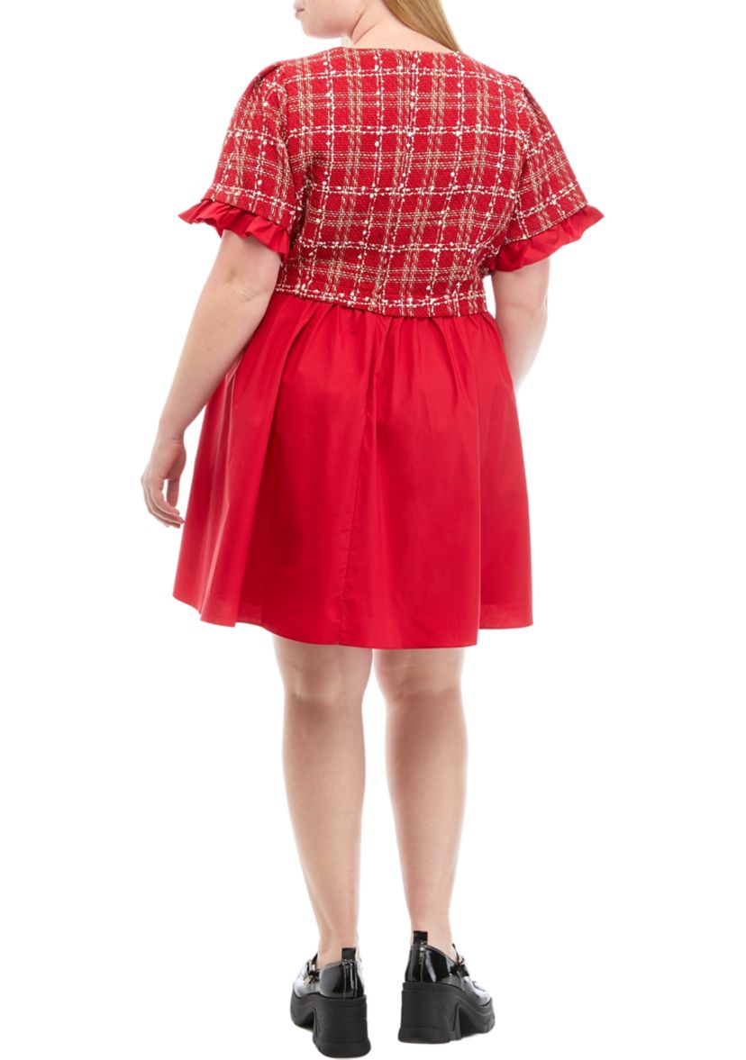 Plus Size Short Sleeve Mixed Media Tweed Poplin Mini Dress