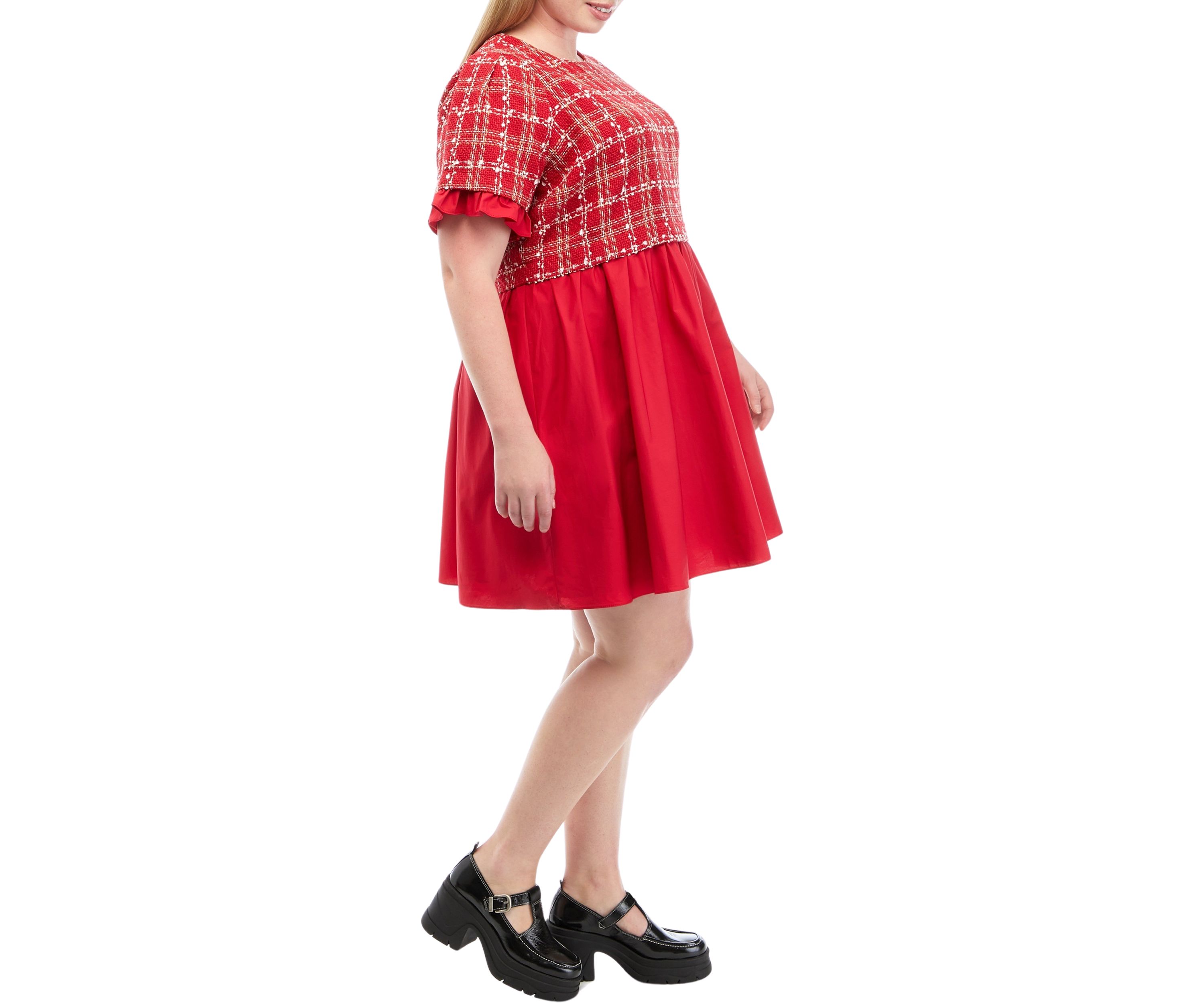 Plus Size Short Sleeve Mixed Media Tweed Poplin Mini Dress