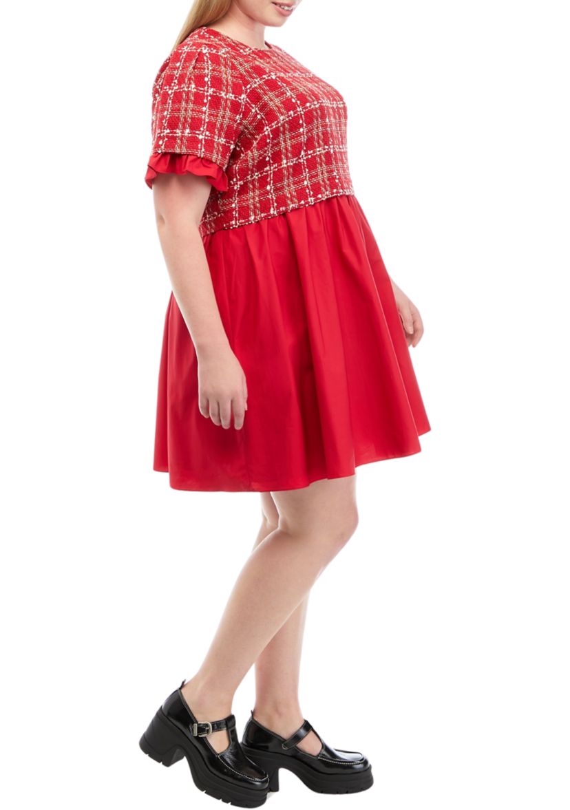 Plus Size Short Sleeve Mixed Media Tweed Poplin Mini Dress