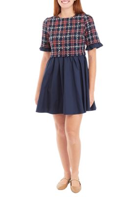 Women's Mixed Media Tweed Poplin Mini Dress