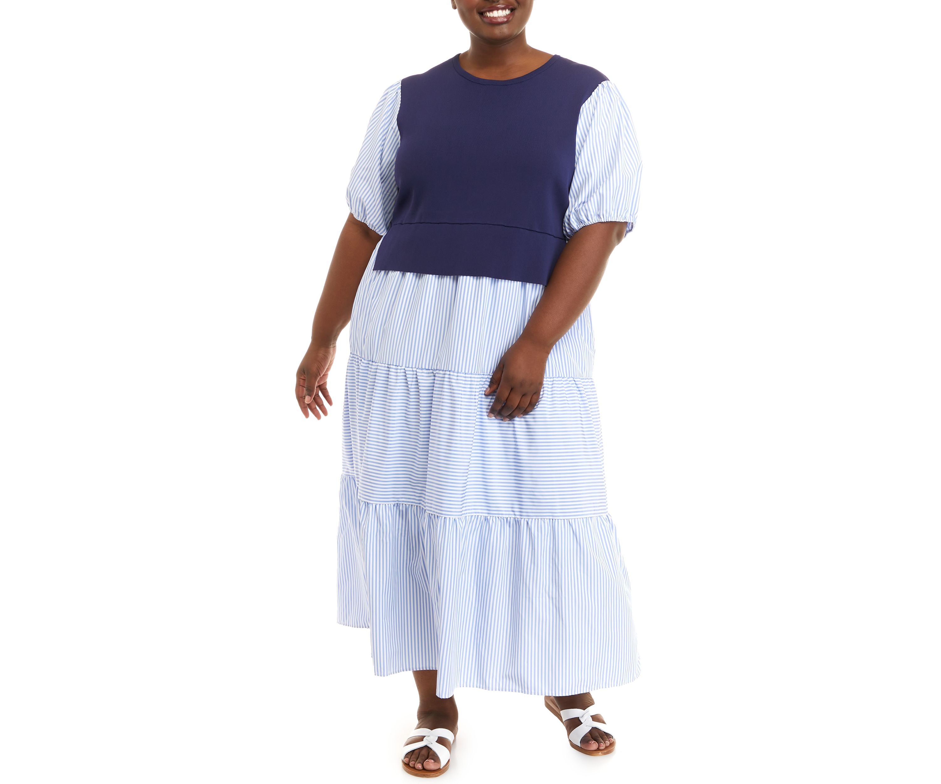 Plus Size Short Sleeve Striped Mixed Media Maxi Dress