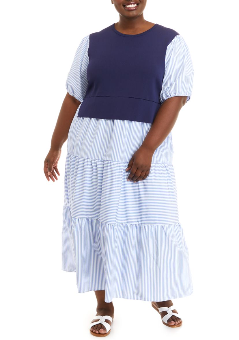 Plus Size Short Sleeve Striped Mixed Media Maxi Dress