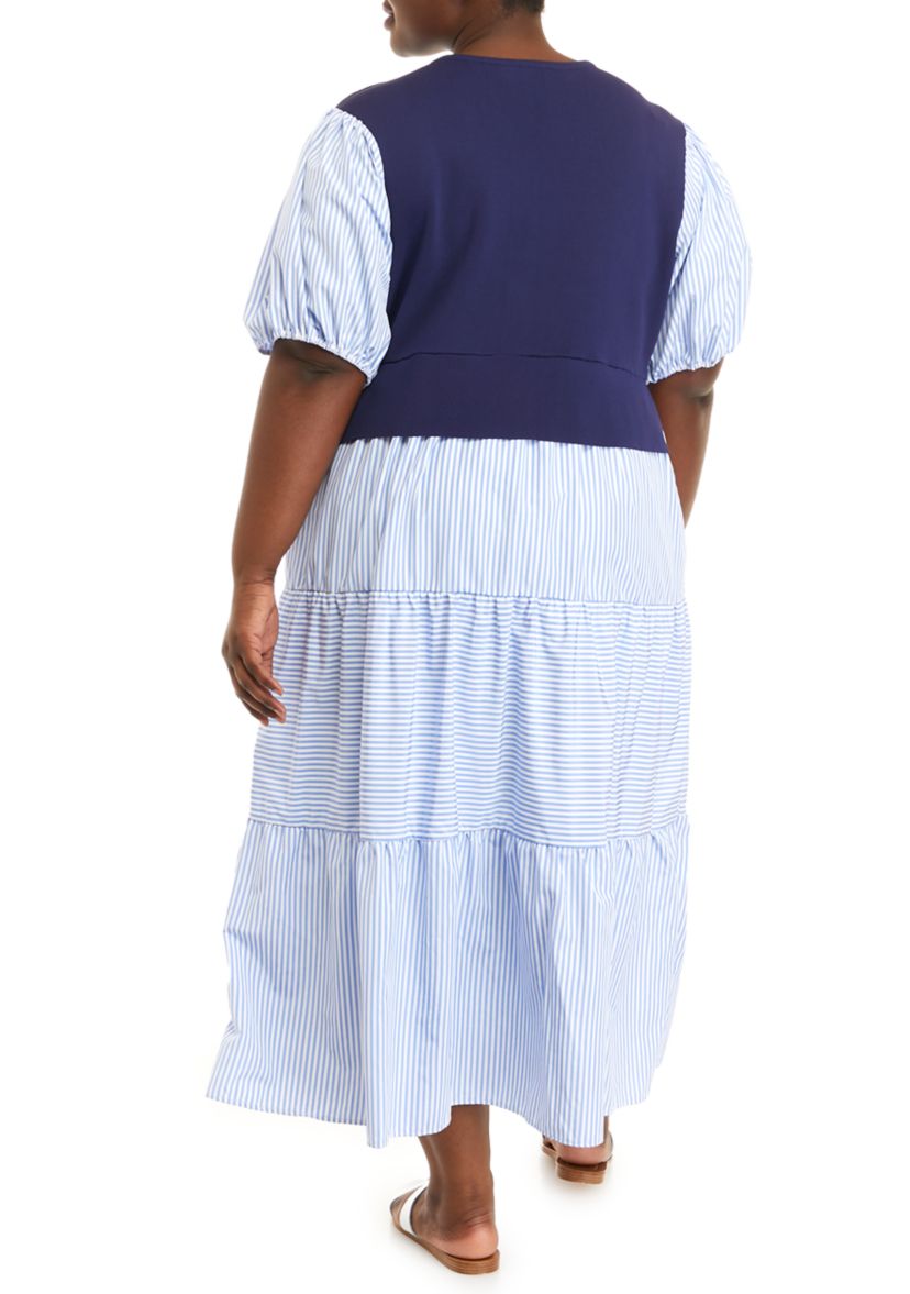 Plus Size Short Sleeve Striped Mixed Media Maxi Dress