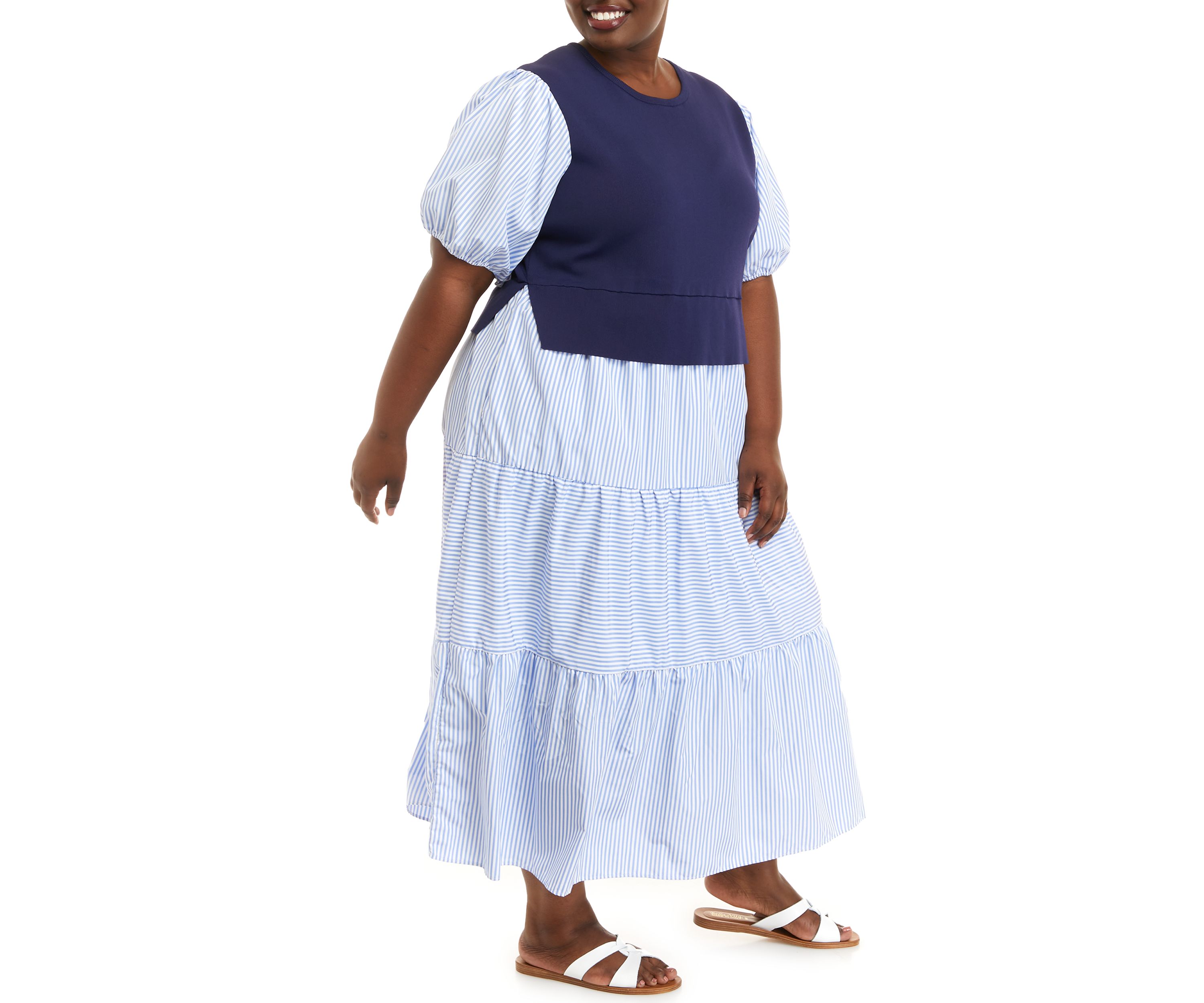 Plus Size Short Sleeve Striped Mixed Media Maxi Dress