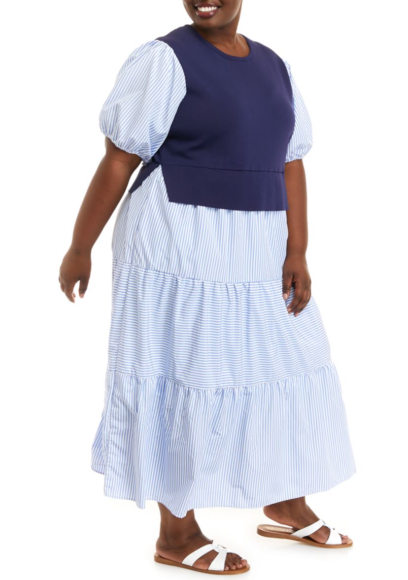 Plus Size Short Sleeve Striped Mixed Media Maxi Dress