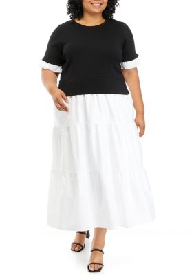 English Factory Women's Plus Size Mixed Media Short Sleeve Maxi Dress