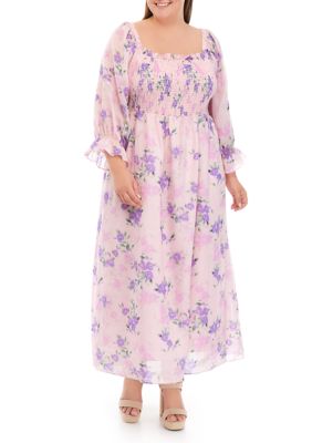 English Factory Women's Plus Size Floral Linen Smocked Maxi Dress