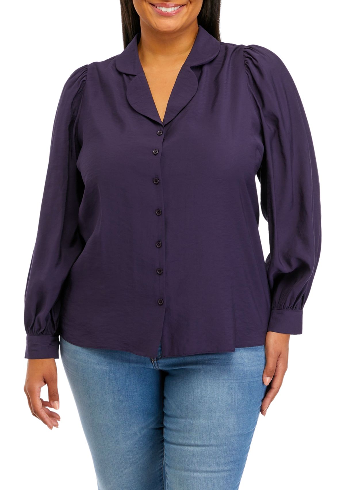 Plus Size Blouson Sleeve Collared Shirt