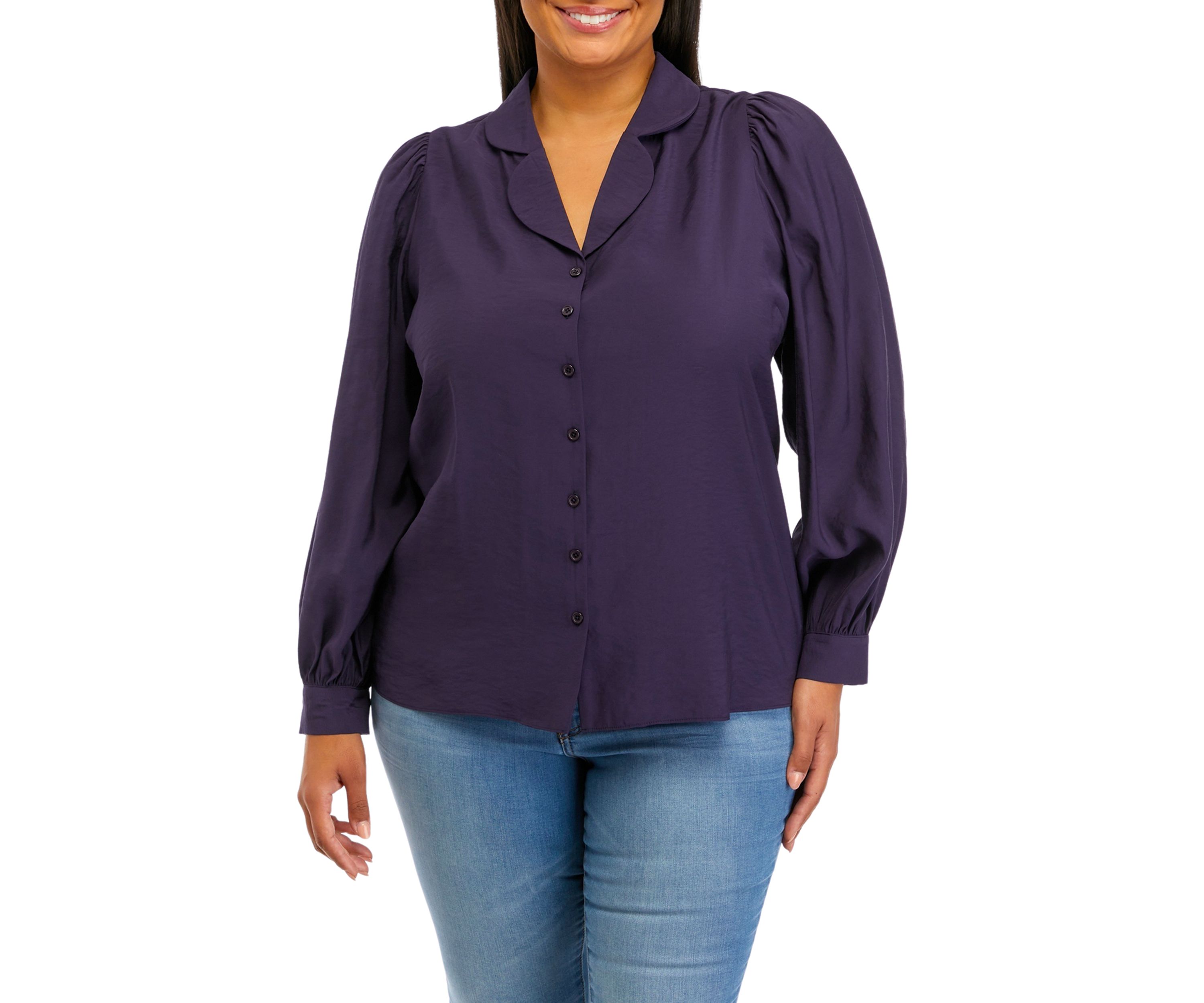 Plus Size Blouson Sleeve Collared Shirt