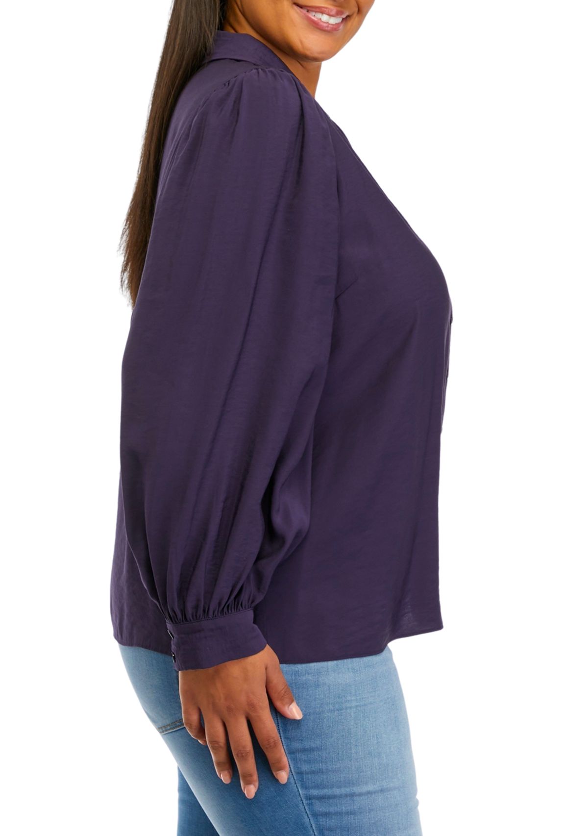 Plus Size Blouson Sleeve Collared Shirt