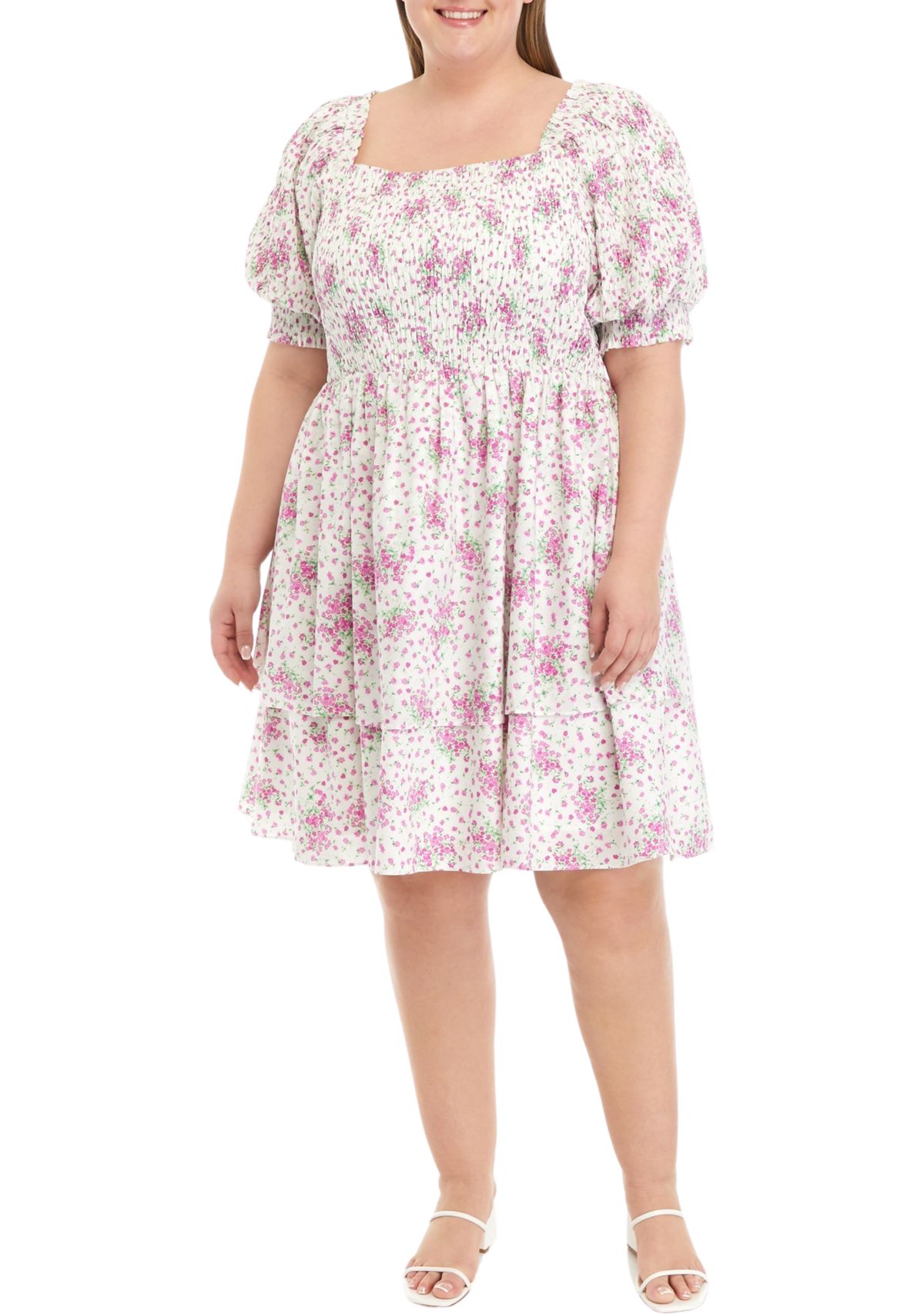 Plus Size Printed Tiered Smocked Square Neck Mini Dress