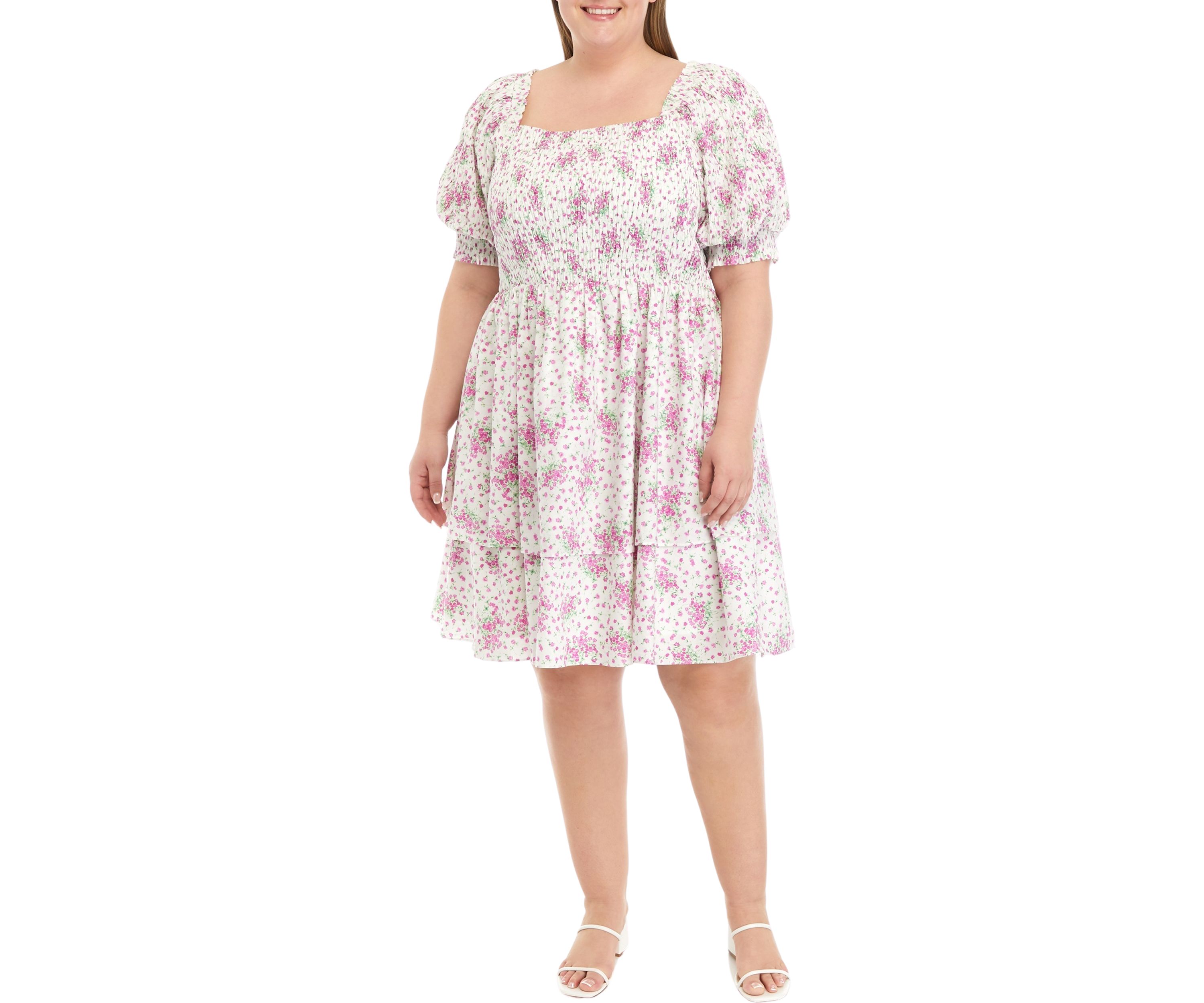 Plus Size Printed Tiered Smocked Square Neck Mini Dress