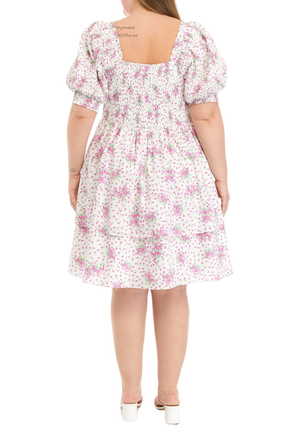 Plus Size Printed Tiered Smocked Square Neck Mini Dress