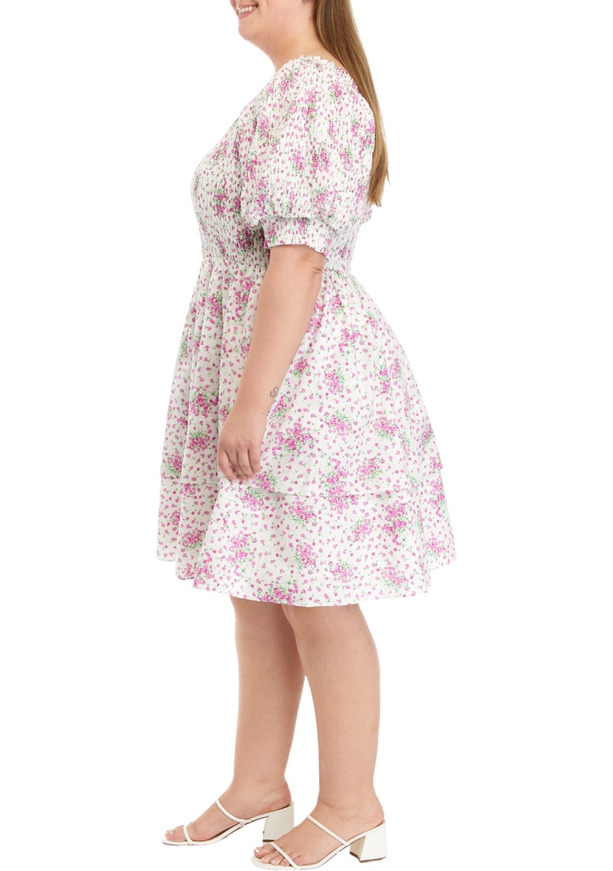 Plus Size Printed Tiered Smocked Square Neck Mini Dress