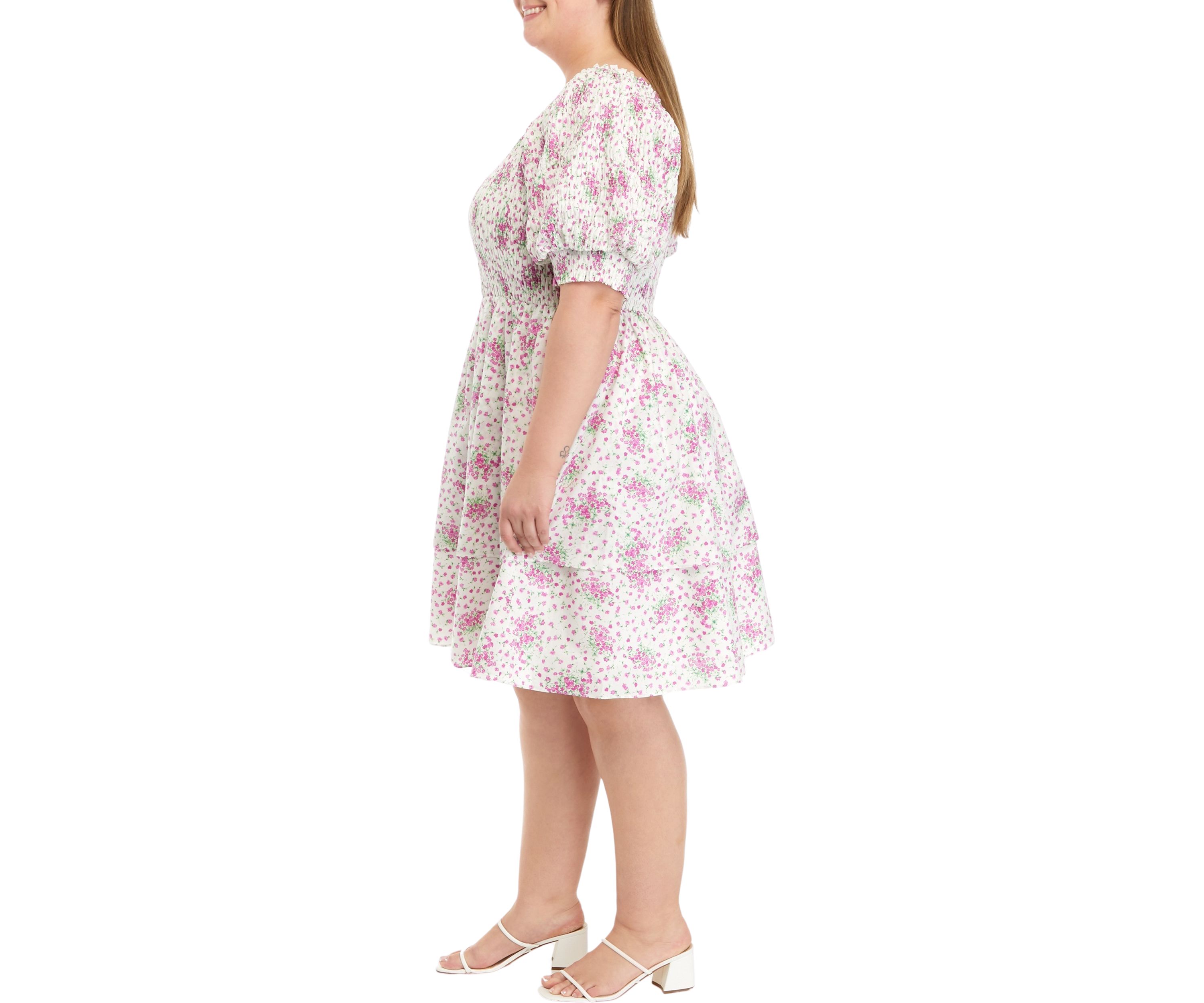 Plus Size Printed Tiered Smocked Square Neck Mini Dress