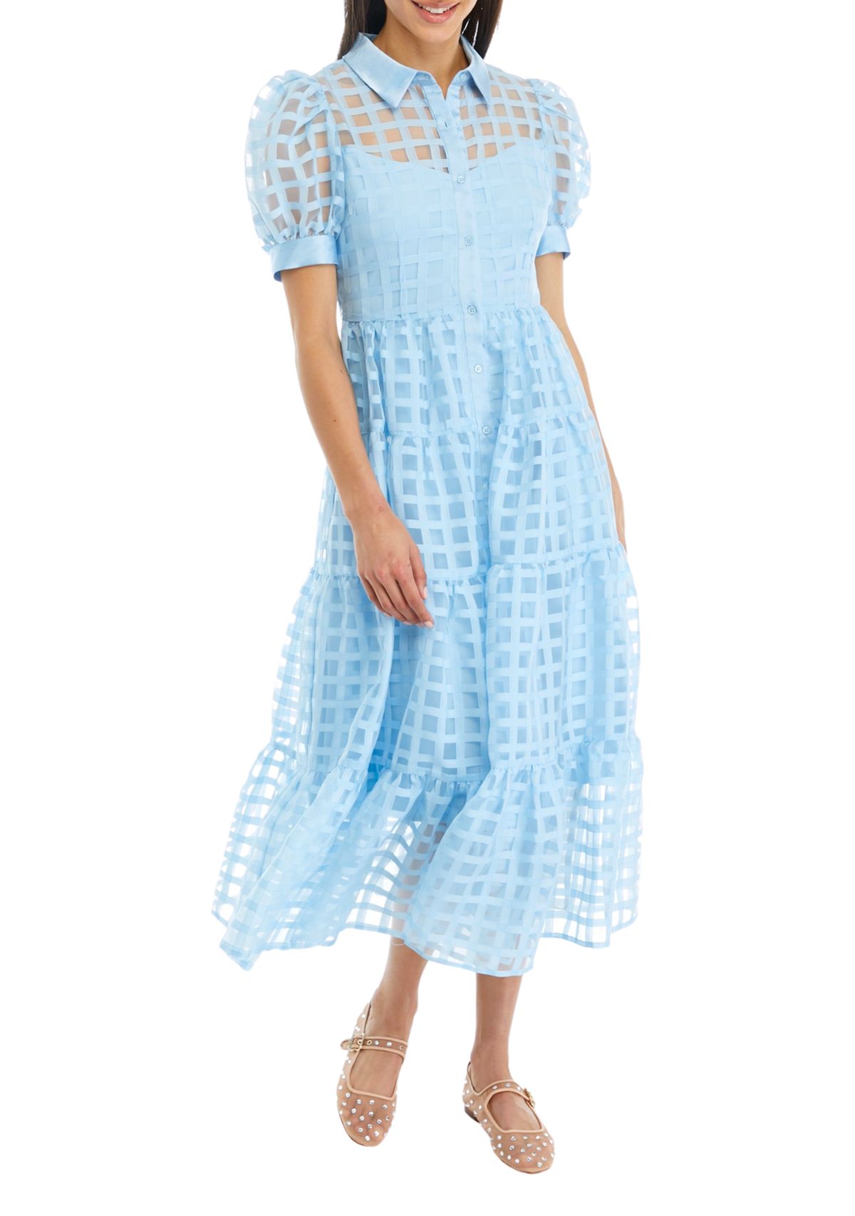 Gridded Organza Tiered Maxi Dress