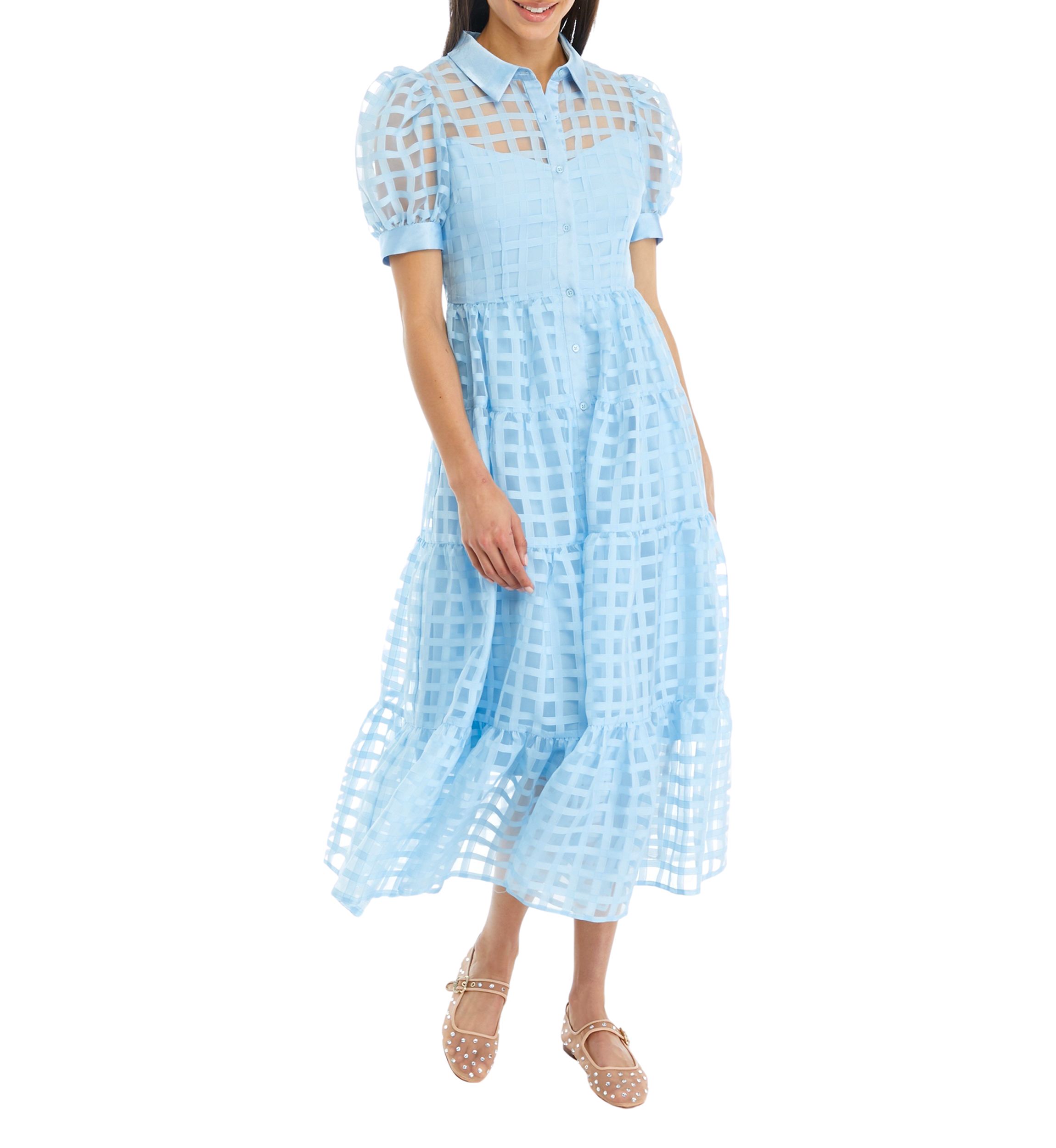 Gridded Organza Tiered Maxi Dress