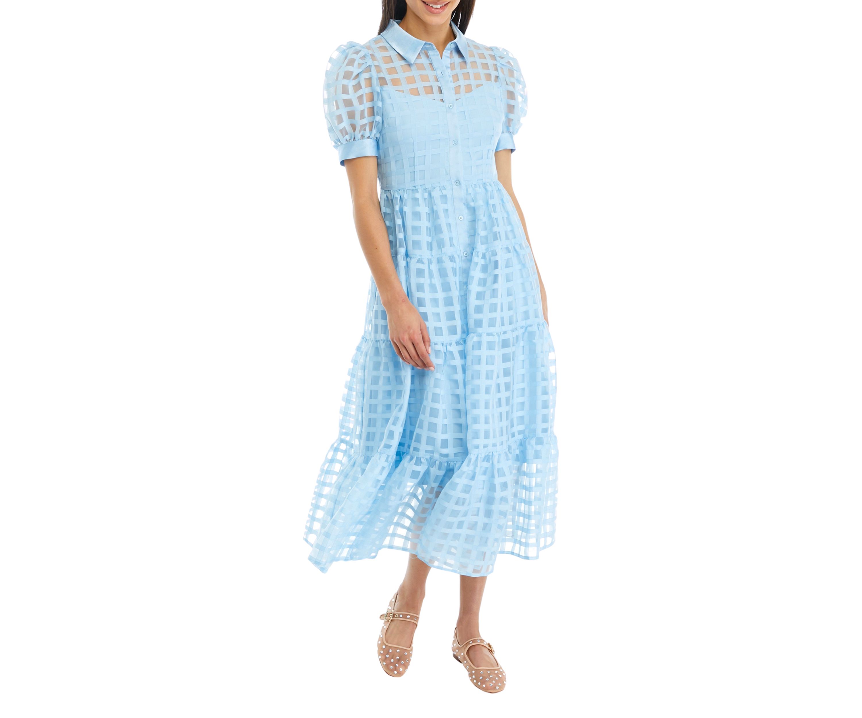 Gridded Organza Tiered Maxi Dress
