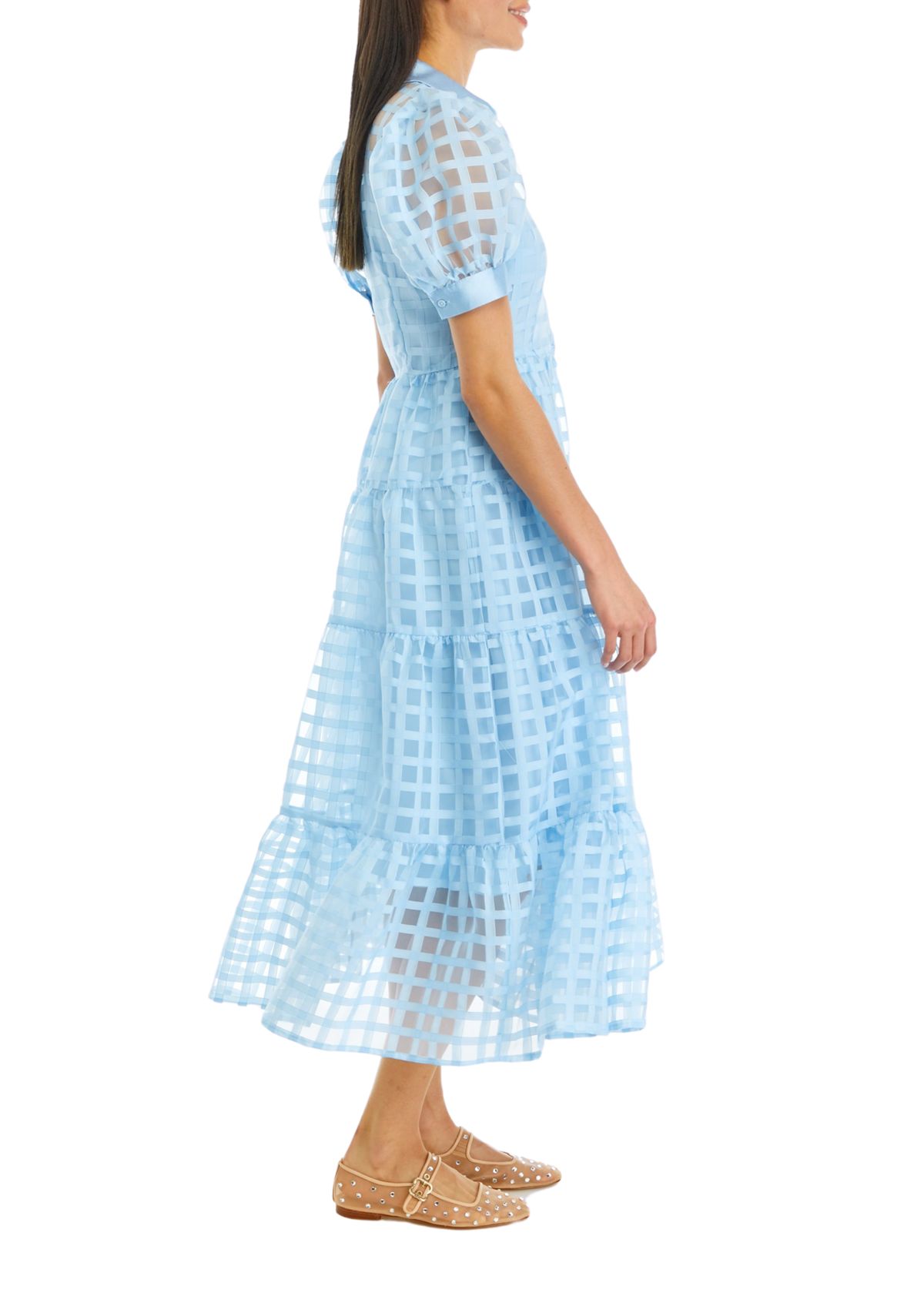 Gridded Organza Tiered Maxi Dress