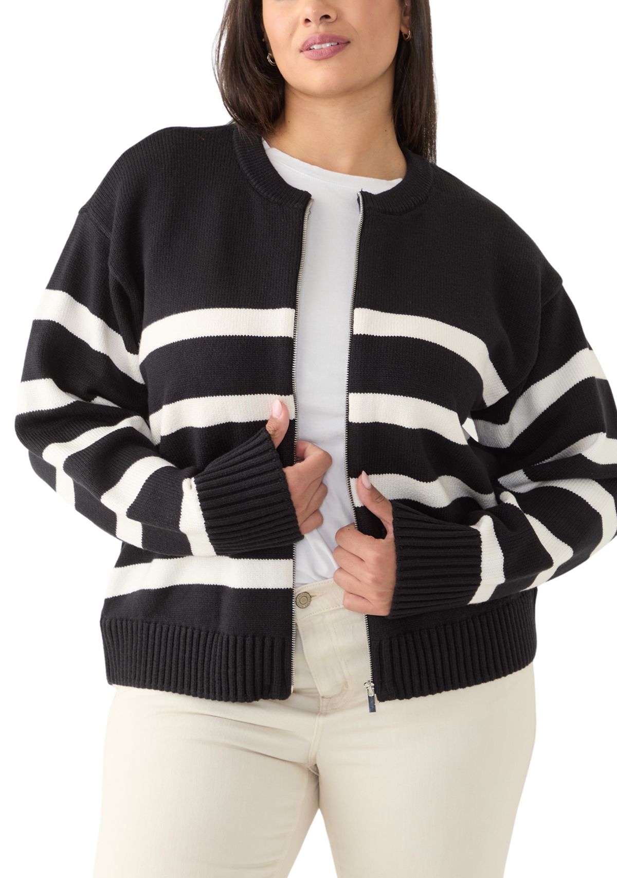 Plus Size Zip Up Striped Sweater 