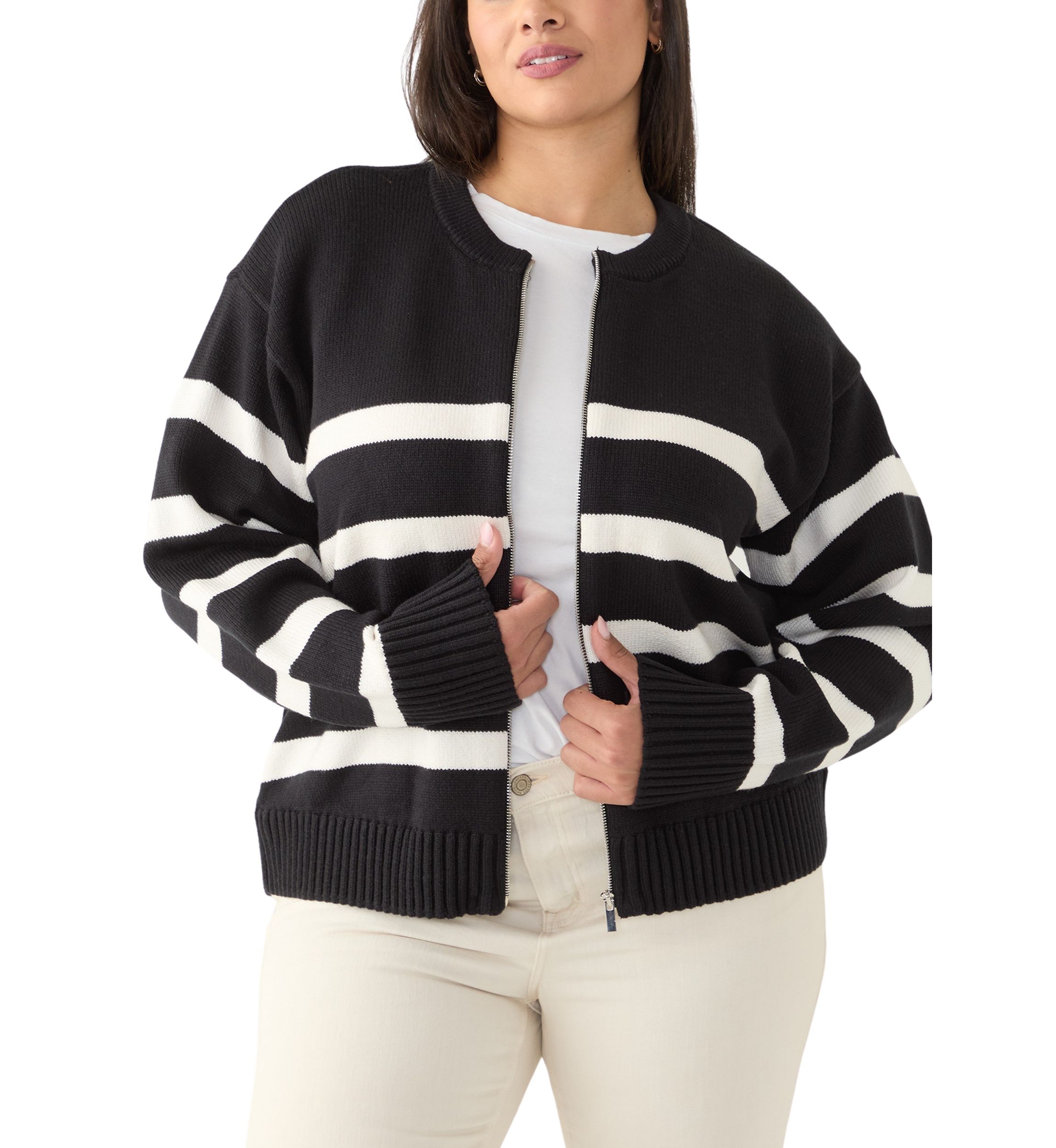 Plus Size Zip Up Striped Sweater 