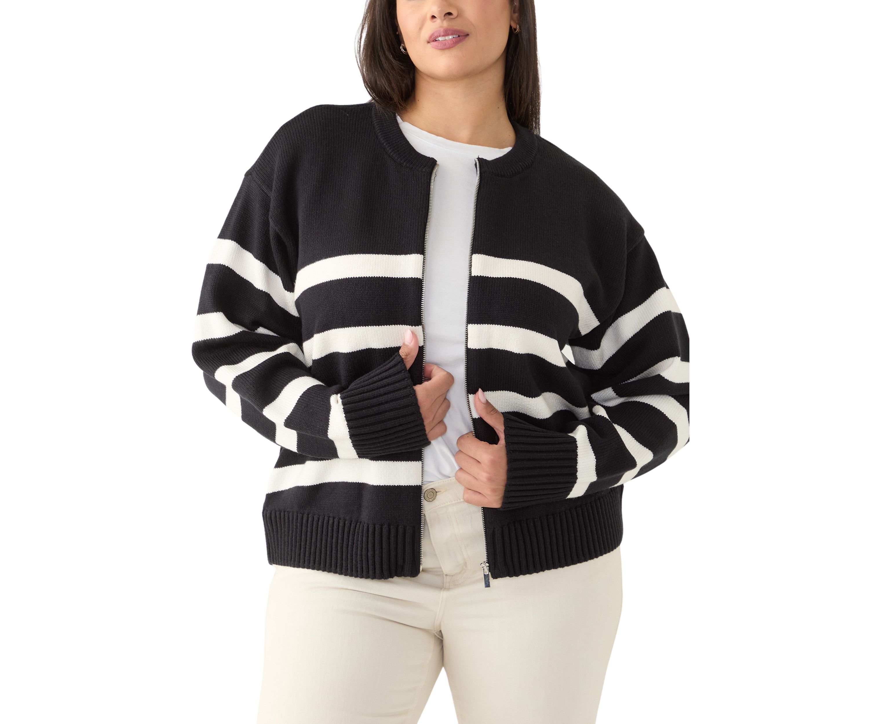 Plus Size Zip Up Striped Sweater 