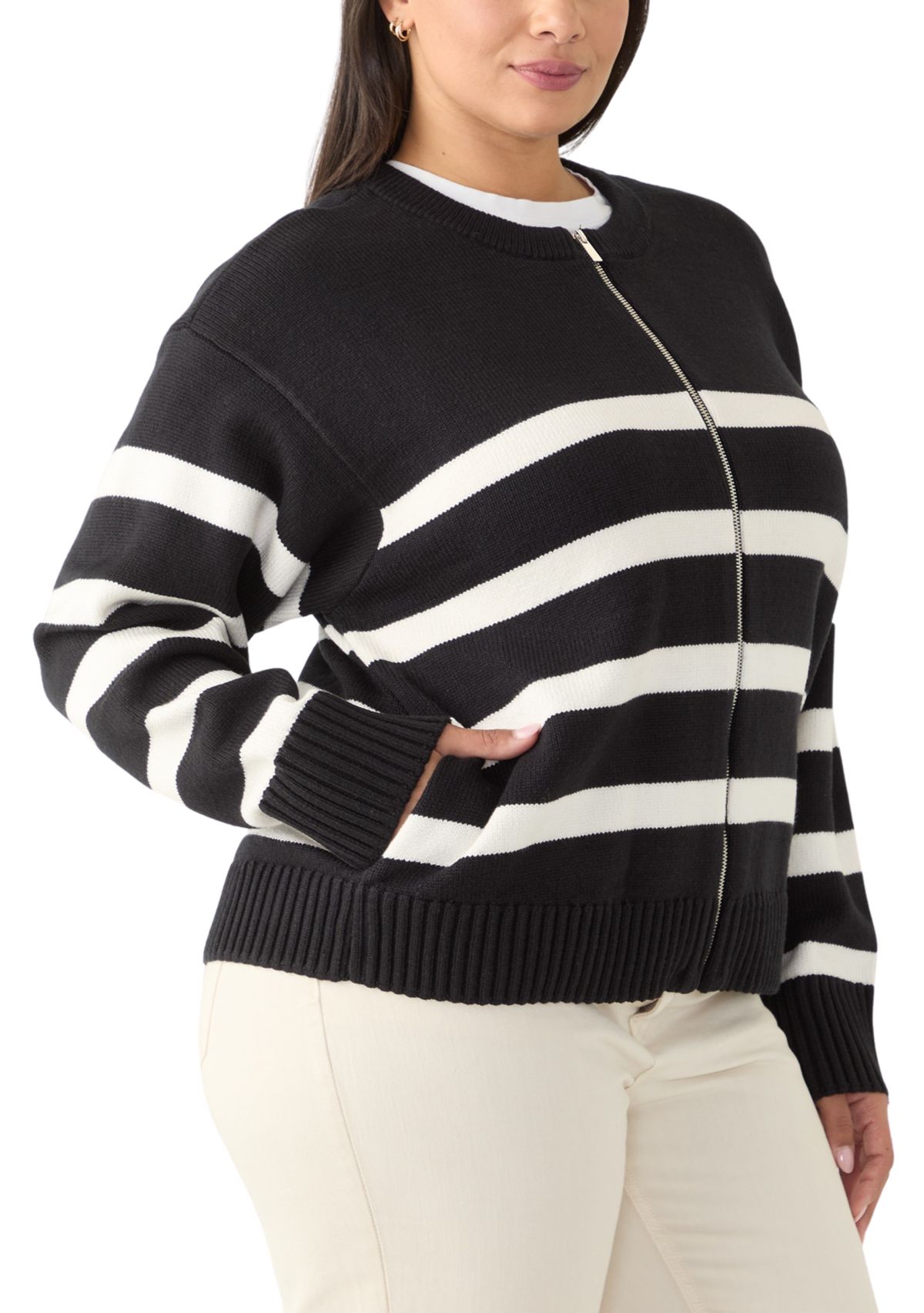 Plus Size Zip Up Striped Sweater 