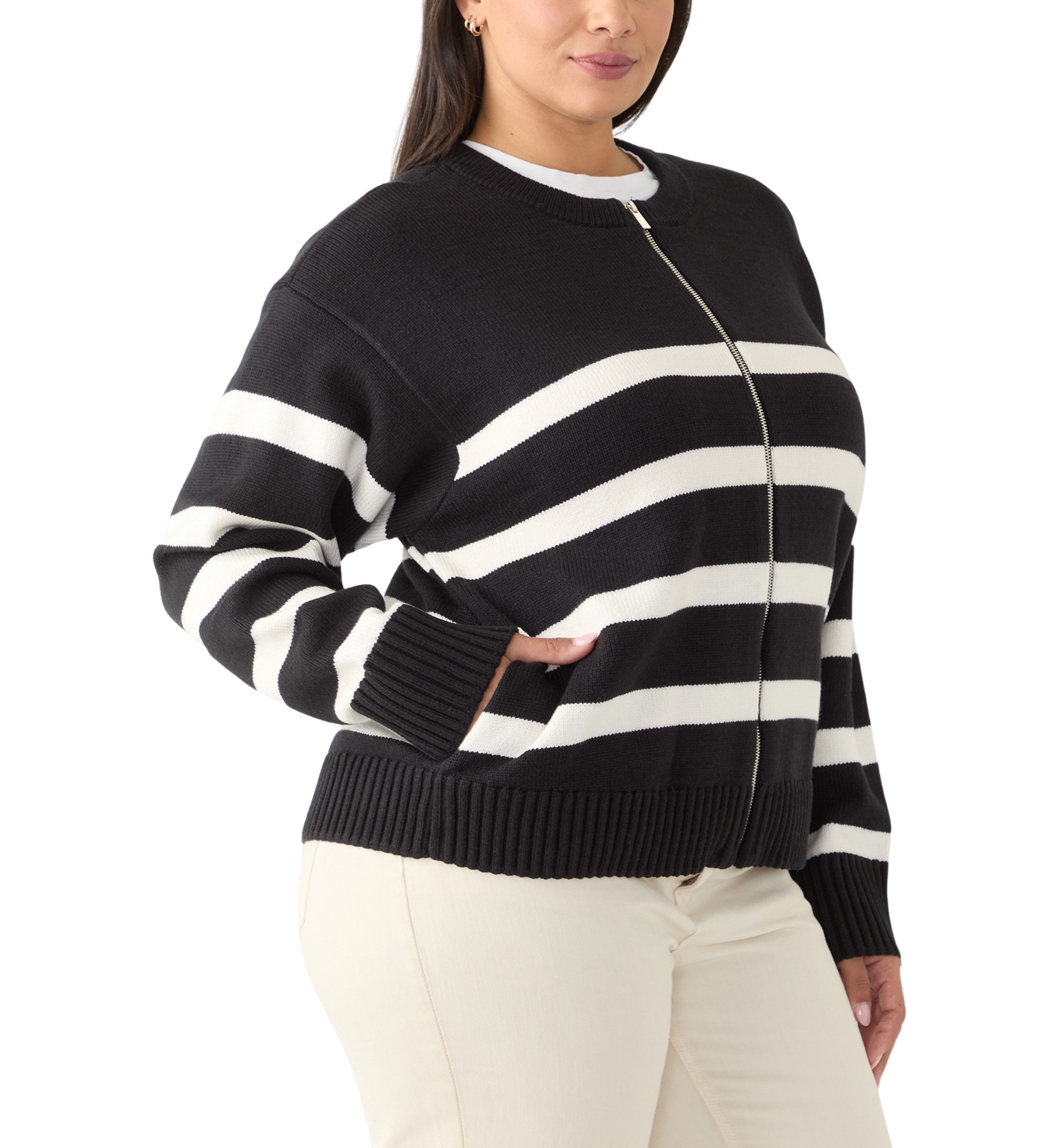 Plus Size Zip Up Striped Sweater 