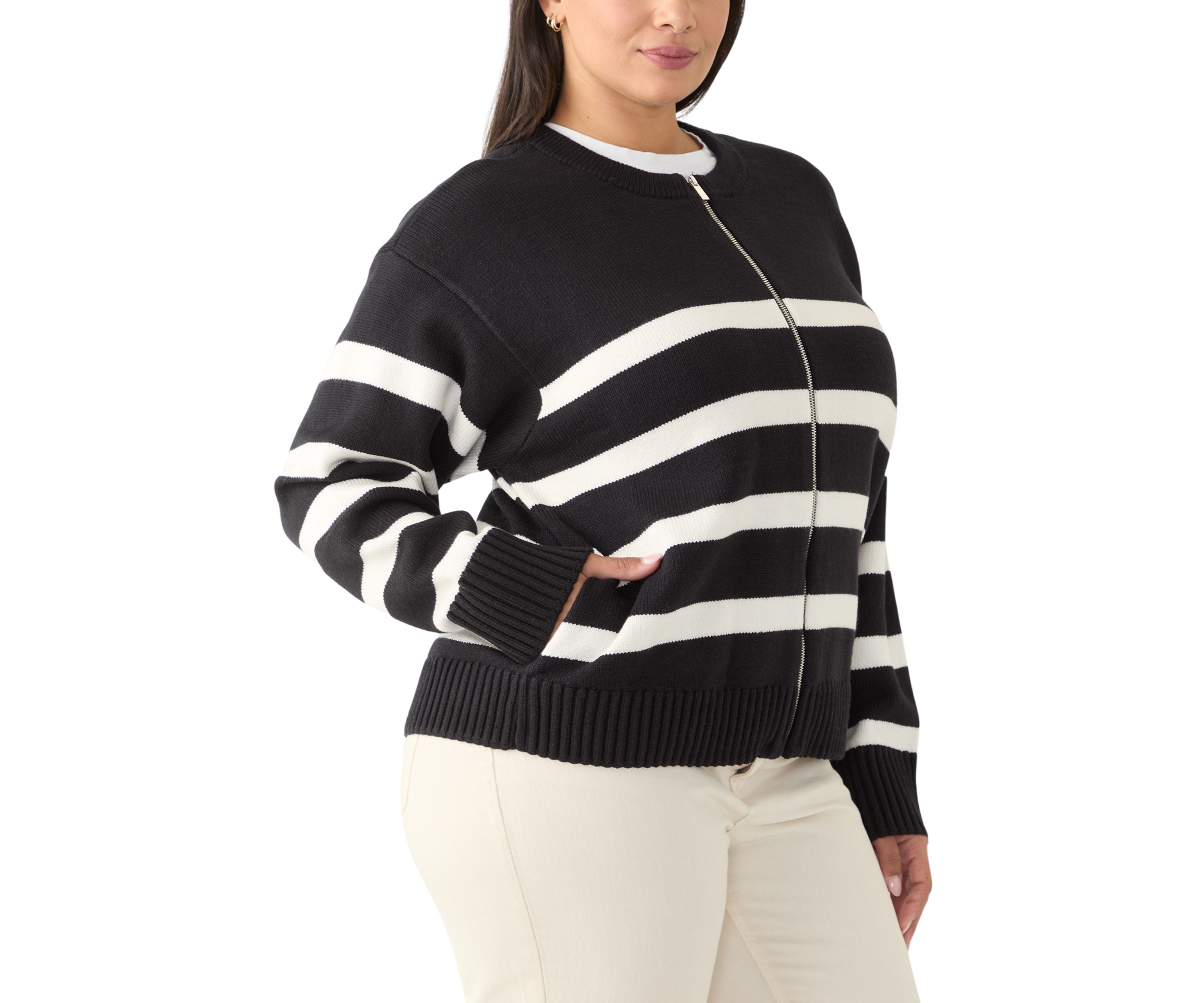 Plus Size Zip Up Striped Sweater 