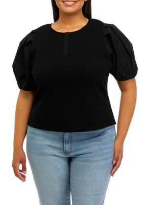 ENGLISH FACTORY Women's Plus Size Puff Sleeve Mixed Media Henley Top