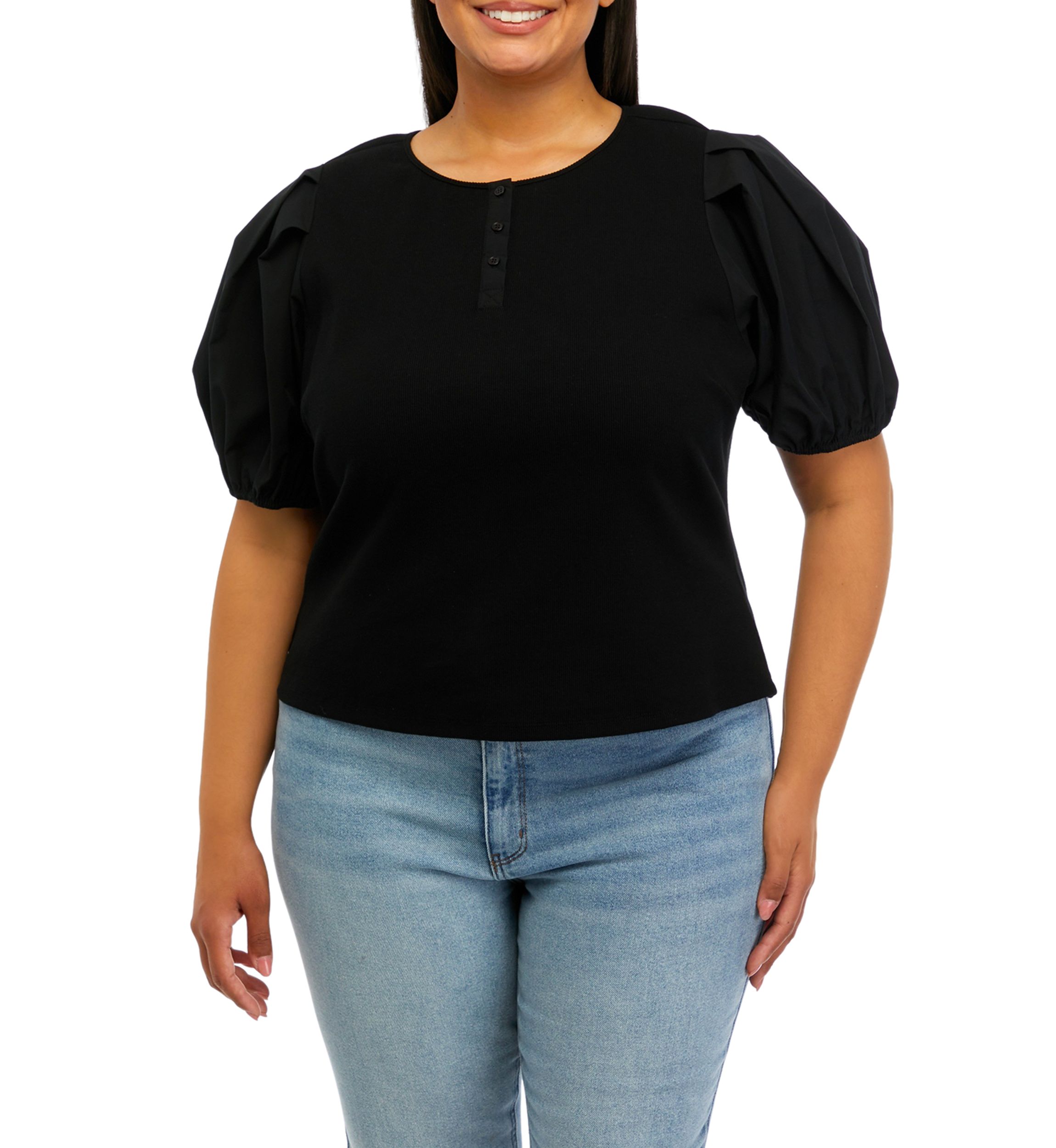 Plus Size Puff Sleeve Mixed Media Henley Top 