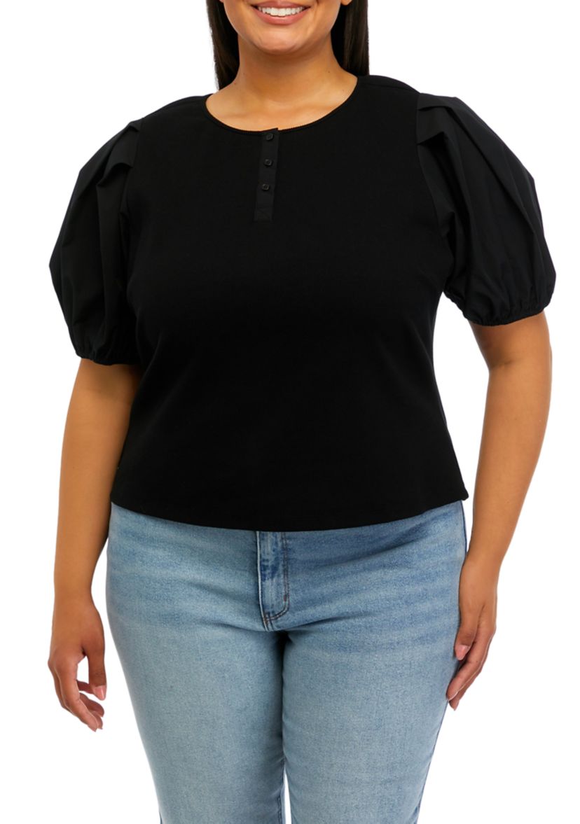 Plus Size Puff Sleeve Mixed Media Henley Top 