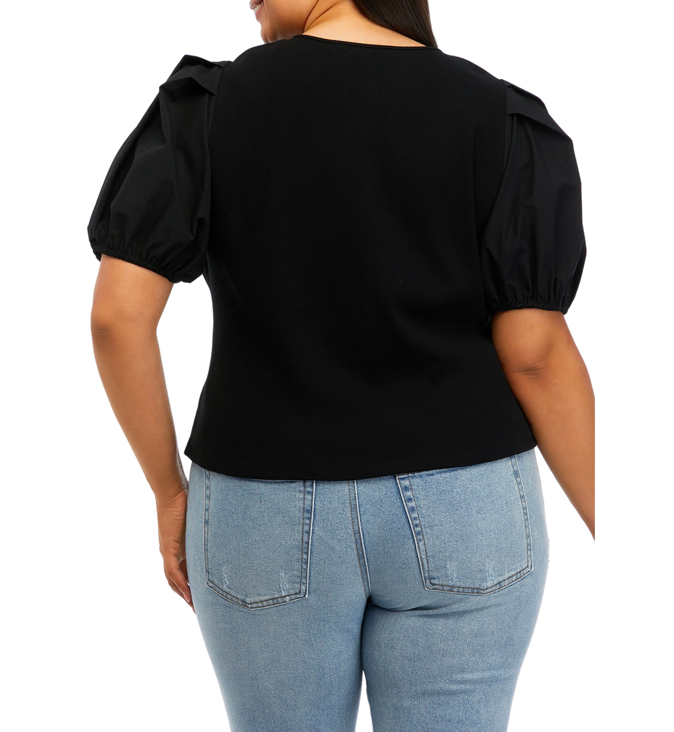 Plus Size Puff Sleeve Mixed Media Henley Top 