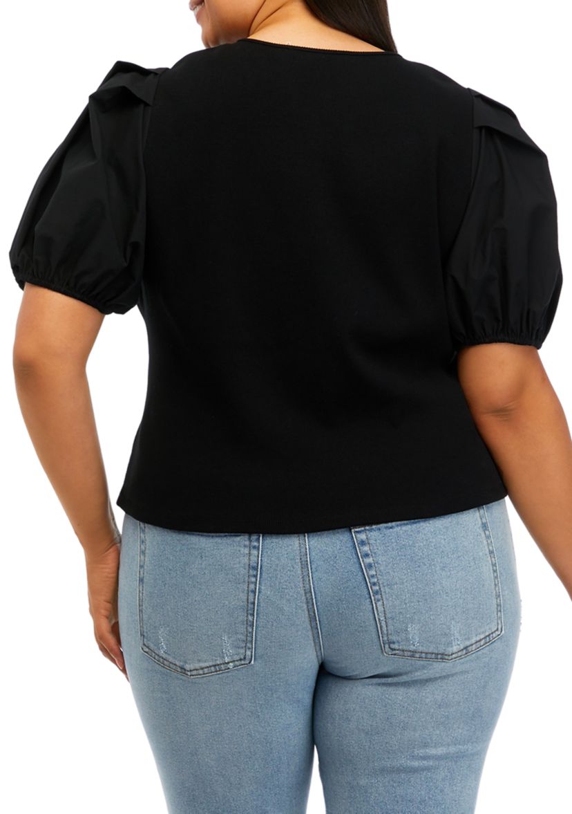 Plus Size Puff Sleeve Mixed Media Henley Top 