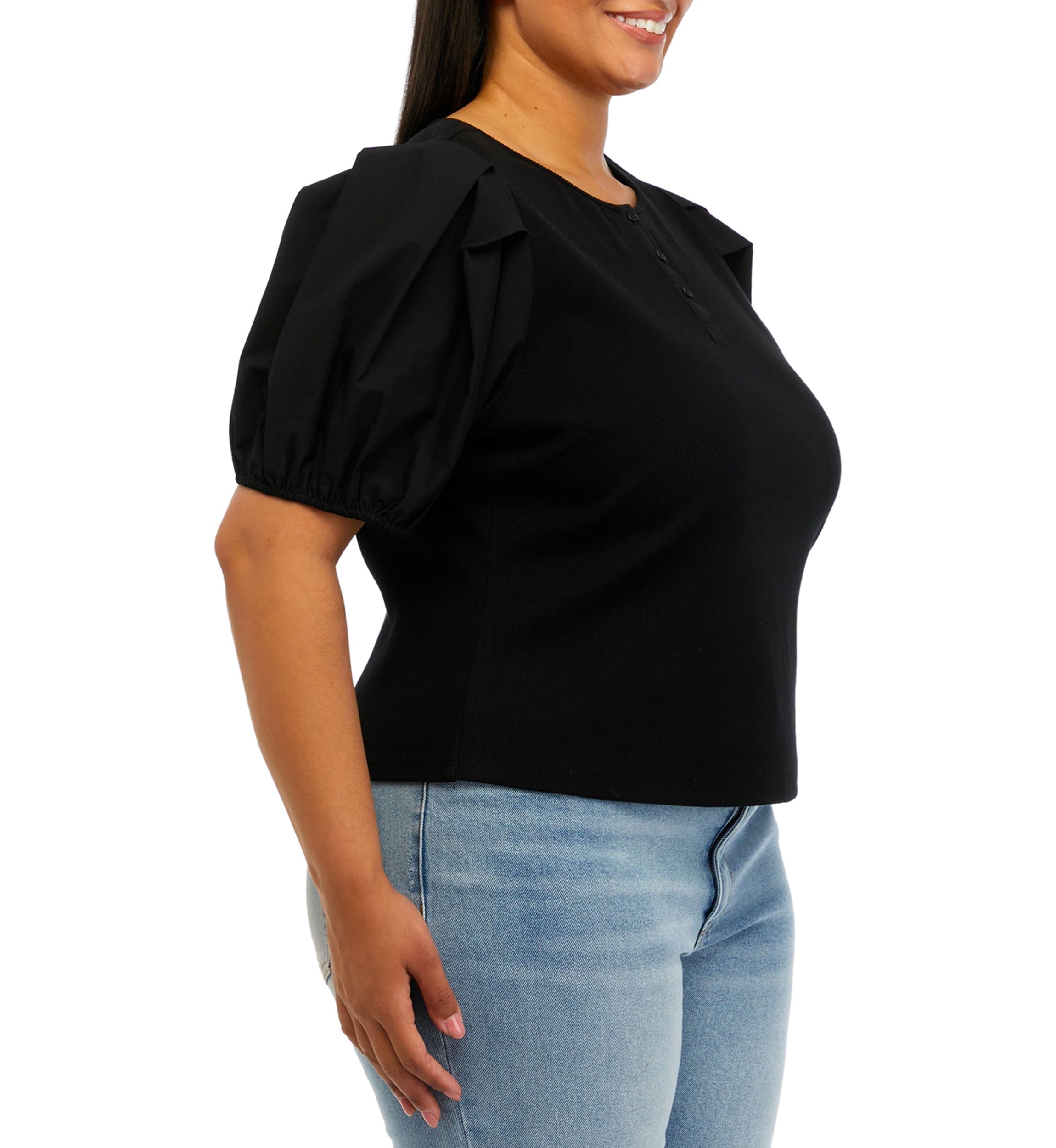 Plus Size Puff Sleeve Mixed Media Henley Top 