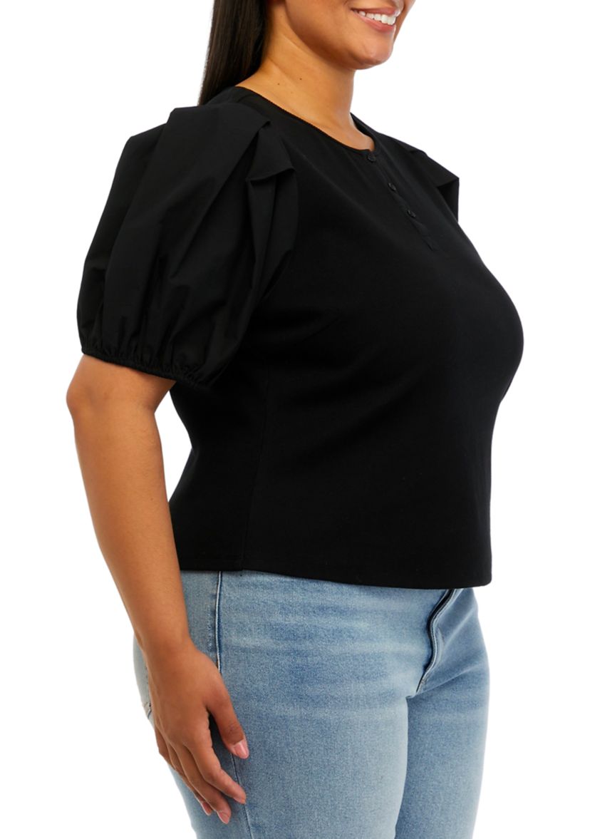 Plus Size Puff Sleeve Mixed Media Henley Top 