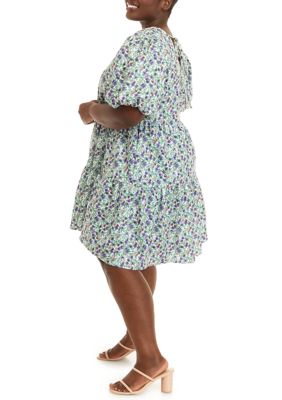 Plus Short Puff Sleeve Floral Jacquard High Low Mini Dress